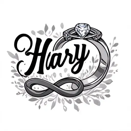 writing that says Harjy baby with engagement ring and infinity sign  tattoo design idea