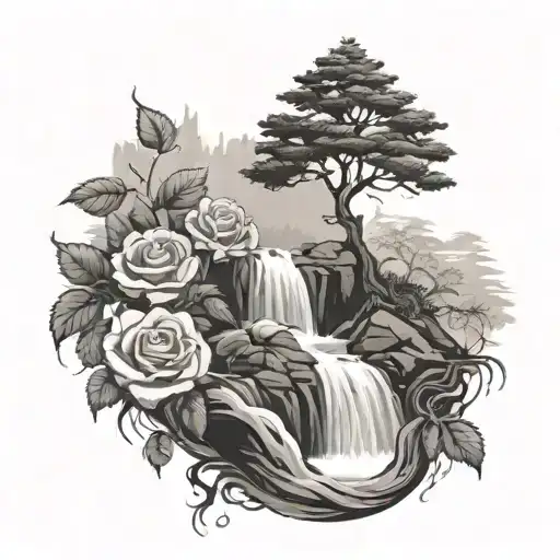 roses cypress tree growing out of waterfall tattoo design idea