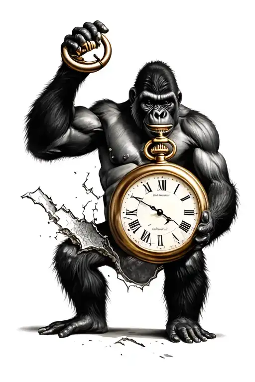 evil gorilla holding a broken pocket watch tattoo design idea