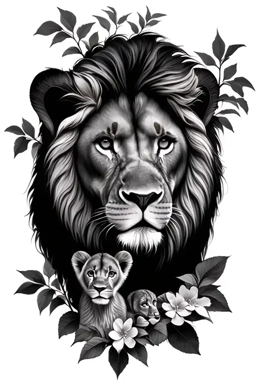 male lion with 2 cubs face only with hydrandgea bushes and bouganvillea  tattoo design idea