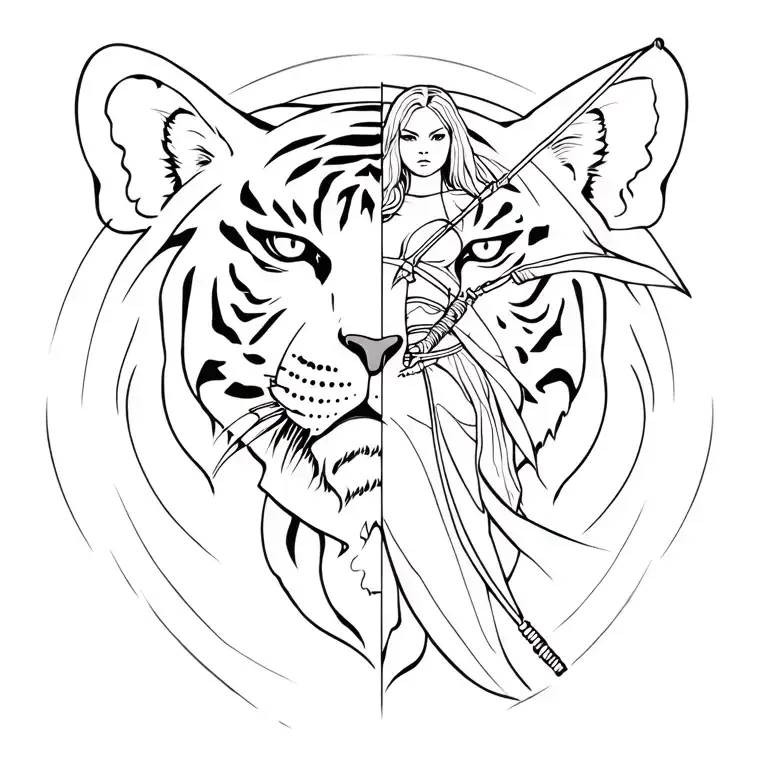 female warrior with a bow and half a tiger face in the background tattoo design idea