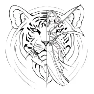 female warrior with a bow and half a tiger face in the background tattoo design idea