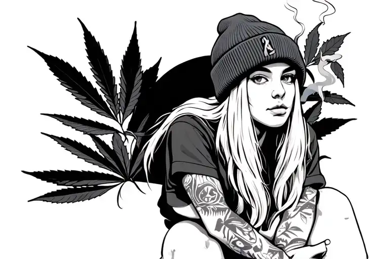 Stoner girl in a beanie long blonde hair down, with pot leafs in background, smoking a joint while sitting looking over tattoo design idea