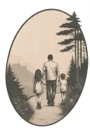 father in the middle holding hands with two small girls walking down the road with forest and cliffs in background tattoo design idea
