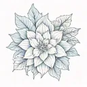 blue dahlia mayflower with stems spelling a name "Liaaa" with dahlia flower leaves and petals inside the flower blended  tattoo design idea