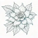 blue dahlia mayflower with stems spelling a name "Liaaa" with dahlia flower leaves and petals inside the flower blended  tattoo design idea