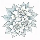 blue dahlia mayflower with stems spelling a name "Liaaa" with dahlia flower leaves and petals inside the flower blended  tattoo design idea