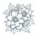 blue dahlia mayflower with stems spelling a name "Liaaa" with dahlia flower leaves and petals inside the flower blended  tattoo design idea