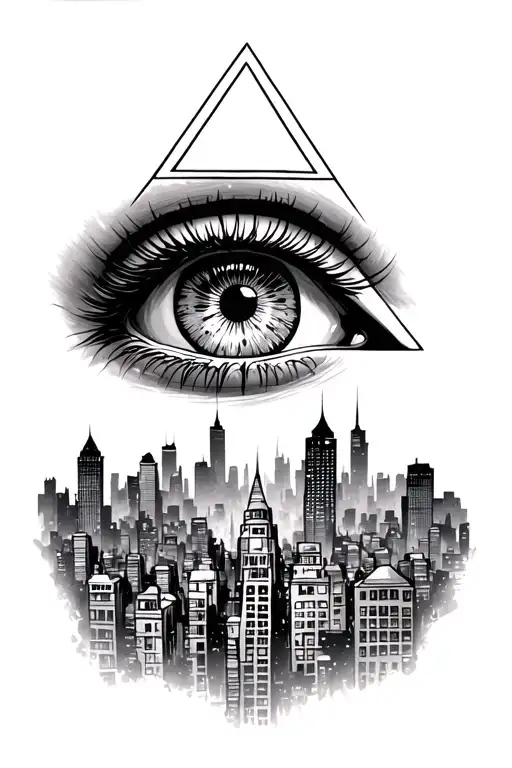 illuminati all seein eye looking down to a city full of zombie like figures tattoo design idea