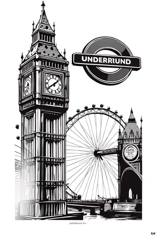 London, big ben, underground sign,  telephone booth, london eye, tower bridge tattoo design idea