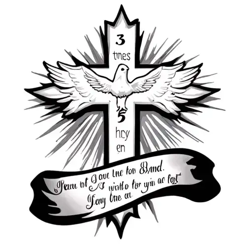 big cross outline with proverbs 3 5 outside of it and a dove and rays of sunshine on front/ side should and upper chest  tattoo design idea