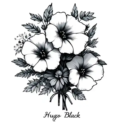 aster and morning glory flower bouquet with the name Hugo  tattoo design idea