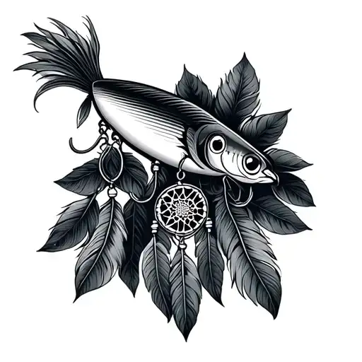 fishing lure with a dream catcher tail to the lure tattoo design idea