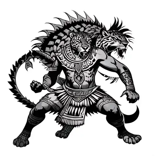 aztec jaguar warrior battling demons fighting tattoo design idea