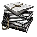 stack of books bound with rope one open with dark romance smut vibes with details of x eye mask, cuffs, knife, pistol tattoo design idea