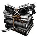 stack of books bound with rope one open with dark romance smut vibes with details of x eye mask, cuffs, knife, pistol tattoo design idea