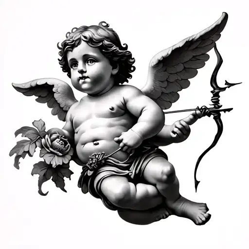 chubby cherub with cute face flying to the side holding a bow and arrow tattoo design idea