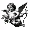 chubby cherub with cute face flying to the side holding a bow and arrow tattoo design idea