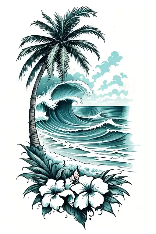 ocean waves crashing on beach with palm and hibiscus vine on bottom right tattoo design idea
