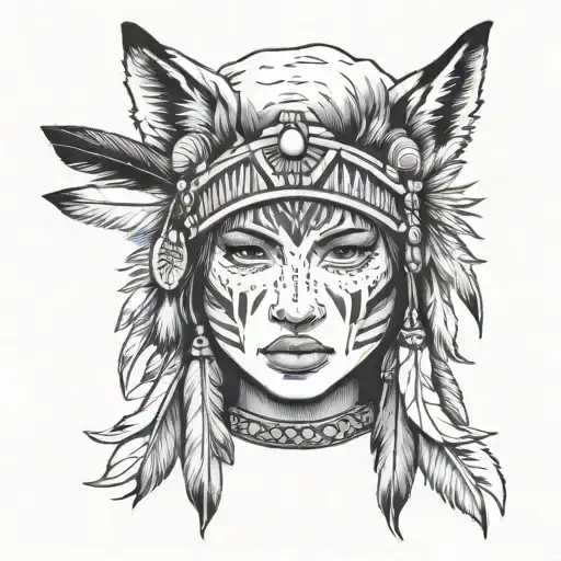 native american girl face front view with wolf headress  tattoo design idea
