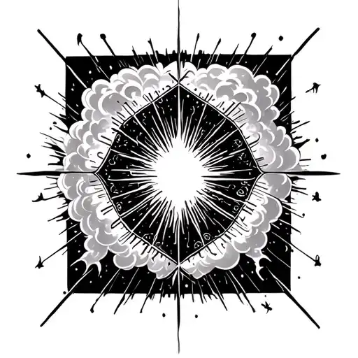 Black and grey tattoo, divine light rays bursting from the elbow, surrounded by clouds and sacred geometry patterns, sta tattoo design idea