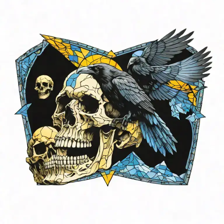 raven flying over skull with stained glass background yellow and blue tattoo design idea