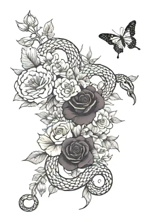 A red snake in the middle with purple larkspur flowers, one red rose, one yellow primrose, one orange poppy tattoo design idea