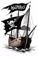 Make a men's tattoo with a wooden pirate boat and a flag with a writing "MALPERAS" on it tattoo design idea