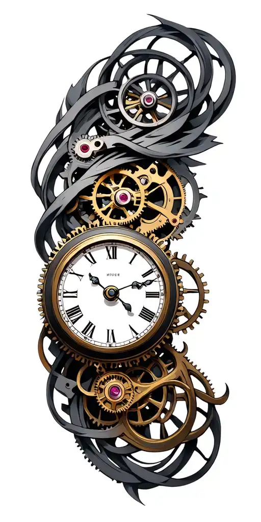 clock mechanism intertwined tattoo design idea