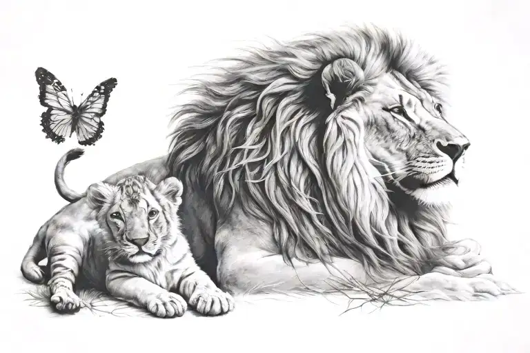 lion and baby boy laying tattoo design idea