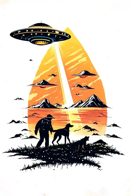 tattoo style image of a ufo with beam and a man walking a dog. The man and dog should be a silhouette.  tattoo design idea