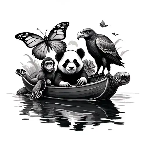 Turtle And Butterfly and monkey and panda and eagle in a boat tattoo design idea