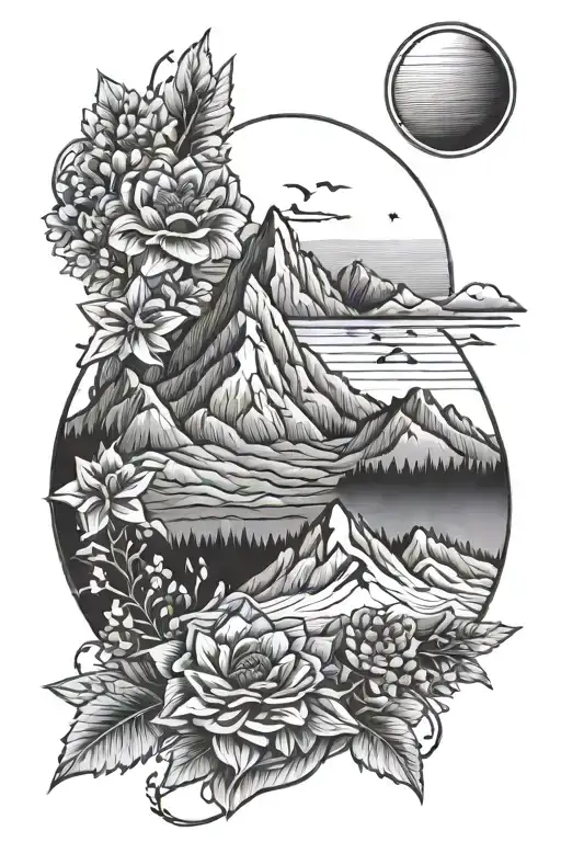 fine line topographical lines with flowers and moutain range outline along with sun and starrs  tattoo design idea