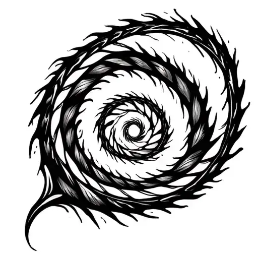 A fine-line black ink tattoo on a white background. The design is a clearly visible, clockwise spiral that begins direct tattoo design idea