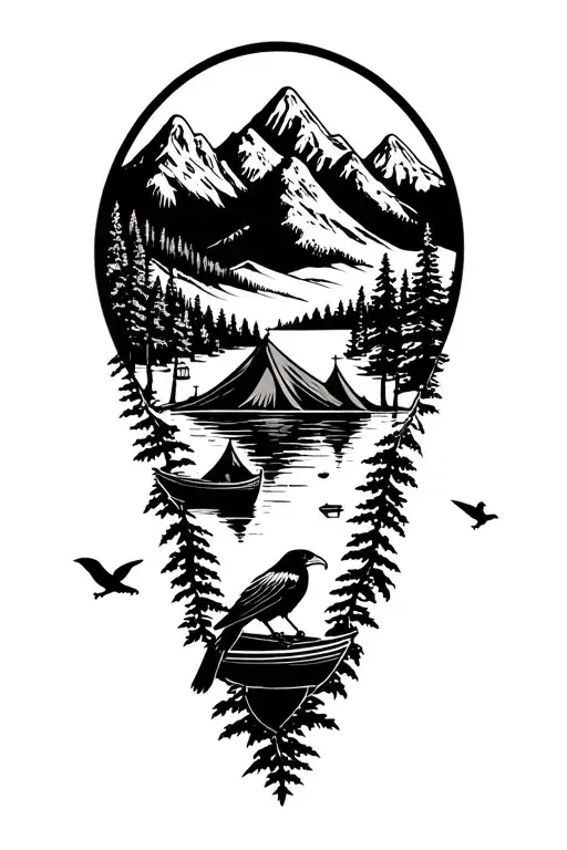 tents, mountains, eagles, lanterns, canoes, lakes all black tattoo design idea