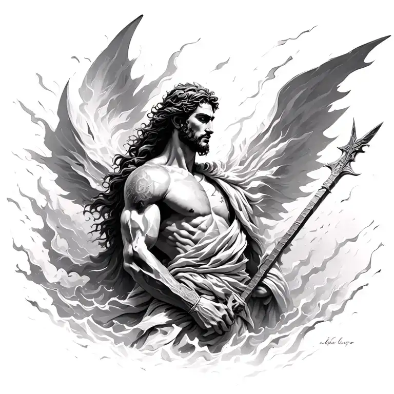 Divine Greek warrior rising through storm, Psalm 3:7, marble breaking, flowing composition wrapping across chest, connec tattoo design idea