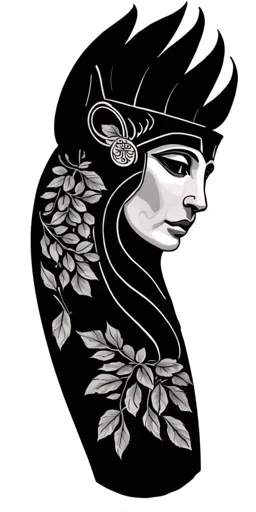 human form Sekhmet, olive branches, negative space between line work on forearm tattoo design idea
