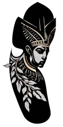 human form Sekhmet, olive branches, negative space between line work on forearm tattoo design idea