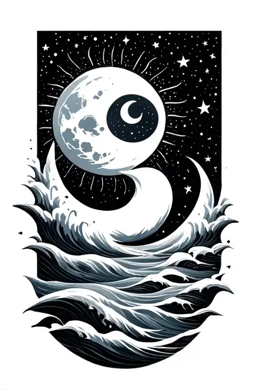sun, moon, stars, sea tattoo design idea