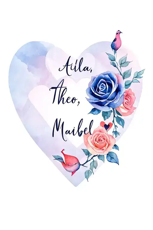 "Aila, Theo, Mabel" geometric rose, wren and heart intertwined tattoo design idea