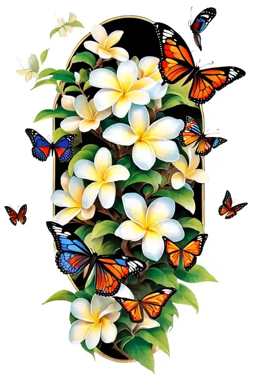 butterflies flying around a Frangipani tree tattoo design idea
