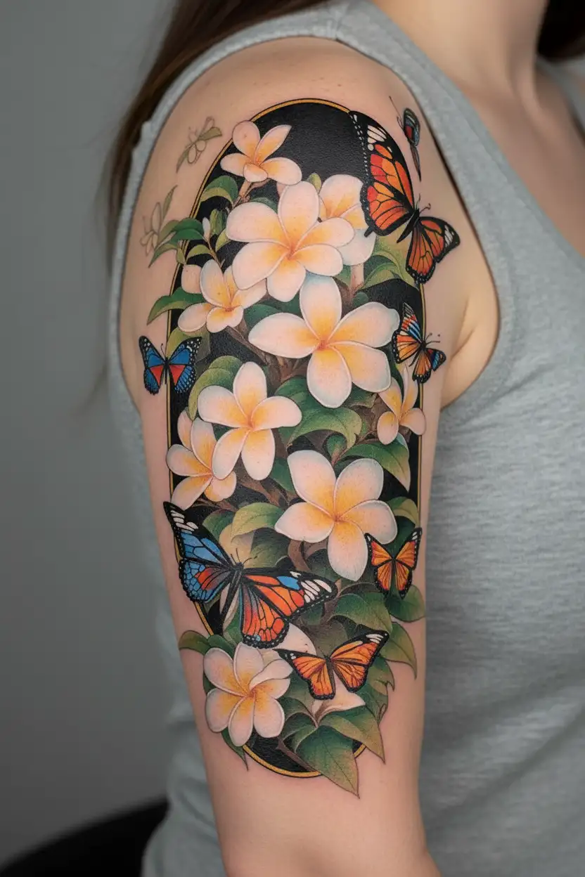 butterflies flying around a Frangipani tree tattoo design idea