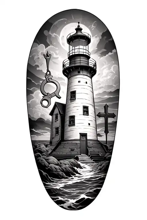 black and grey tattoo on right shoulder and top of arm showing a lighthouse, with a pair of handcuffs, a cross, and the  tattoo design idea