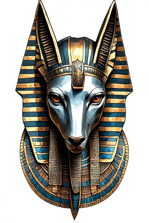 Realistic Anubis head sculpted in stone, metallic texture, Egyptian armor bold shading, placed on upper chest. realism  tattoo design idea