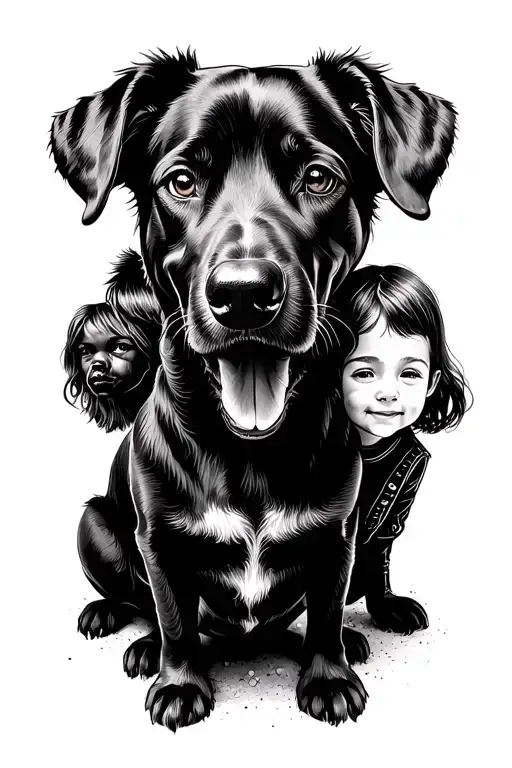 dog sillohuet with three kids and two adults tattoo design idea