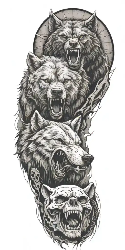 wolf bear  and  skull tattoo design idea