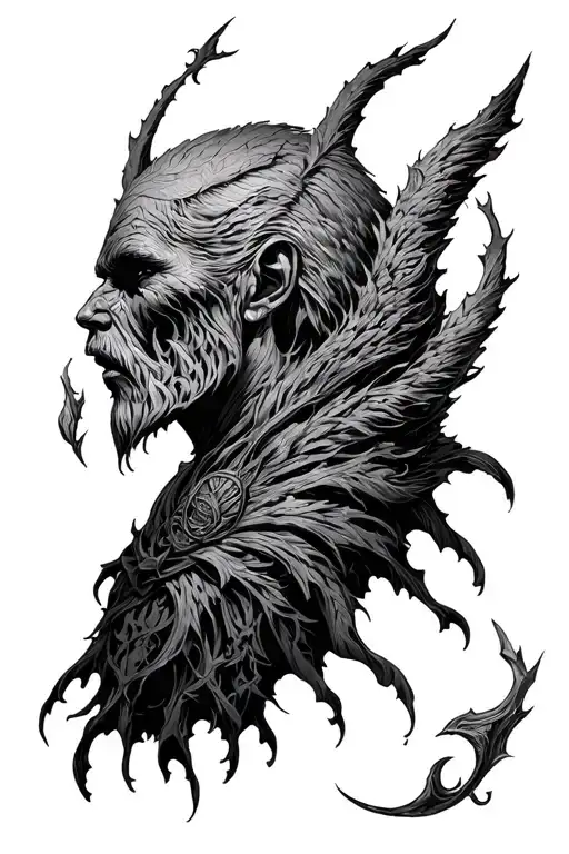 The Warden as a deeply symbolic and personal tattoo—an ancient, non-human, solemn figure that emerges from the fog  tattoo design idea