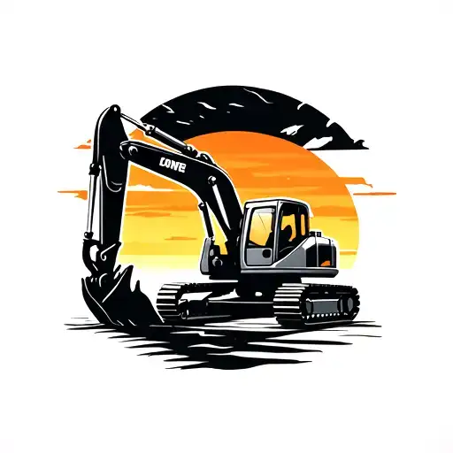 A stylized silhouette of an excavator against a sunset backdrop, with bold lines and shading to emphasize the machine's power and presence tattoo design idea