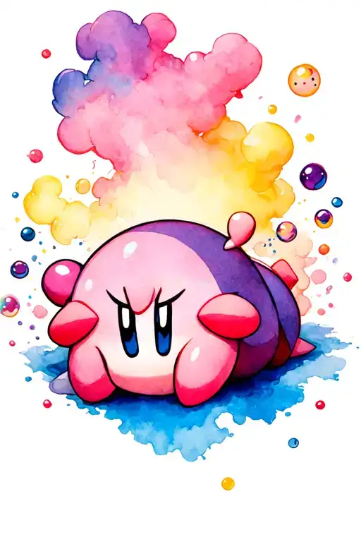 sleeping Kirby surrounded by soot sprites with colorful orbs floating around all of them tattoo design idea