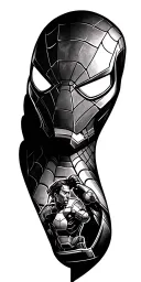 "Full sleeve tattoo design in high detail, featuring a collage of Marvel superheroes including Iron Man, Spider-Man, Tho tattoo design idea